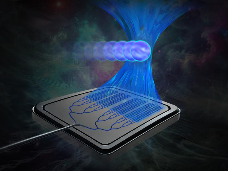 A computer chip focusing a beam of light onto round particles