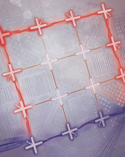 A unique computer chip has red and blue light on grid-like pathways.