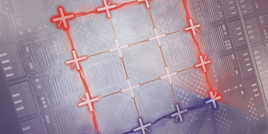 A unique computer chip has red and blue light on grid-like pathways.