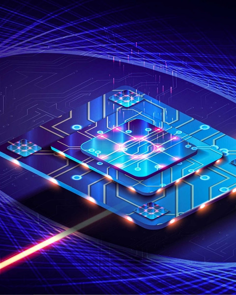 Futuristic computer chip shot through by a laser