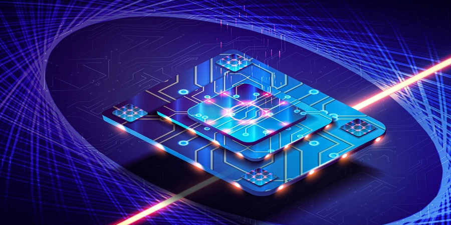 Futuristic computer chip shot through by a laser