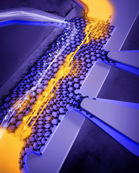 3D rendering shows yellow energy shooting across layers of a graphene lattice laid out on a flat surface. White energy appears from another segment.
