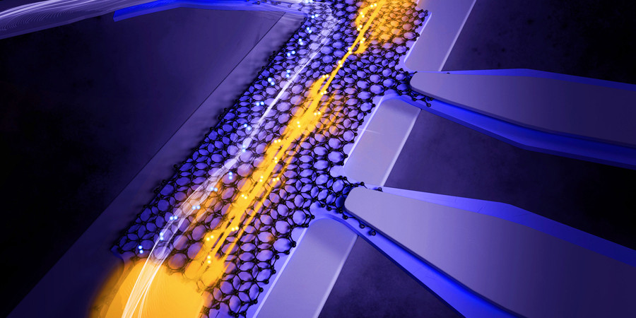 3D rendering shows yellow energy shooting across layers of a graphene lattice laid out on a flat surface. White energy appears from another segment.