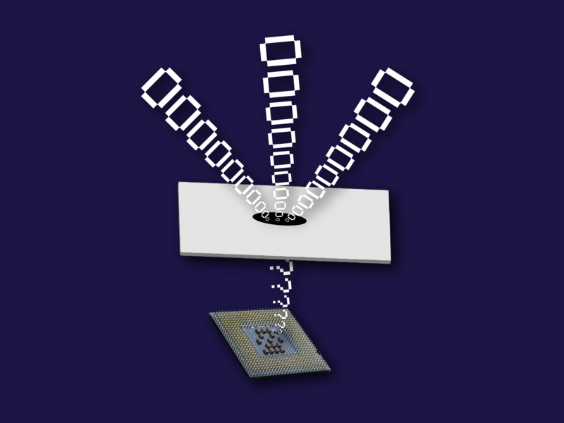 Illustration of code, represented by zeros, transforming into question marks after traveling through a white layer onto a computer chip