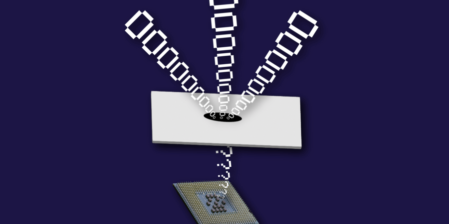 Illustration of code, represented by zeros, transforming into question marks after traveling through a white layer onto a computer chip