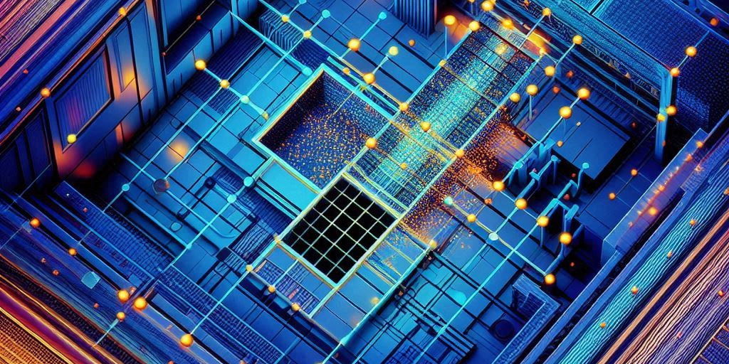 abstract computer chip in high contrast blues and oranges