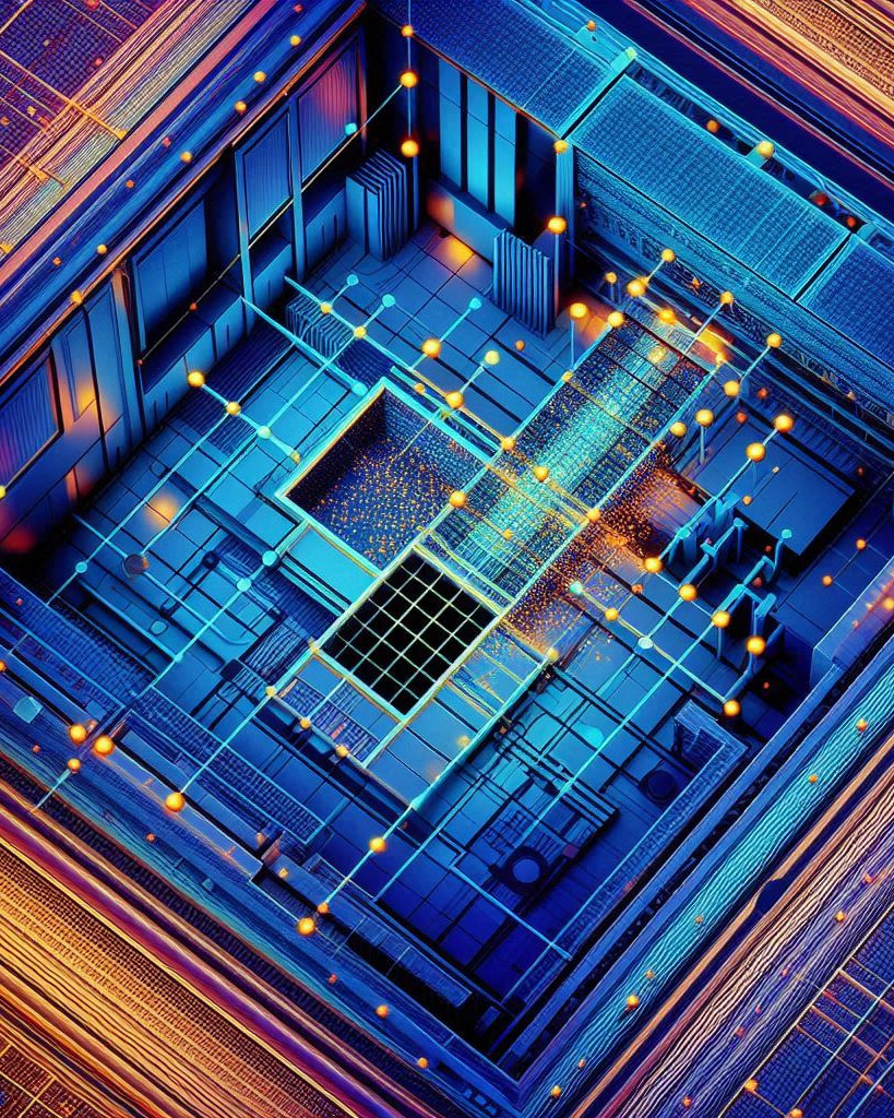 abstract computer chip in high contrast blues and oranges