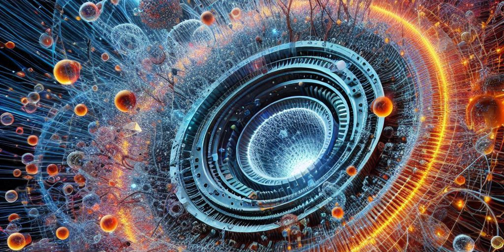 concentric mechanical rings in shades of blue and yellow surrounded by orbs in blue, yellow, pink, and red