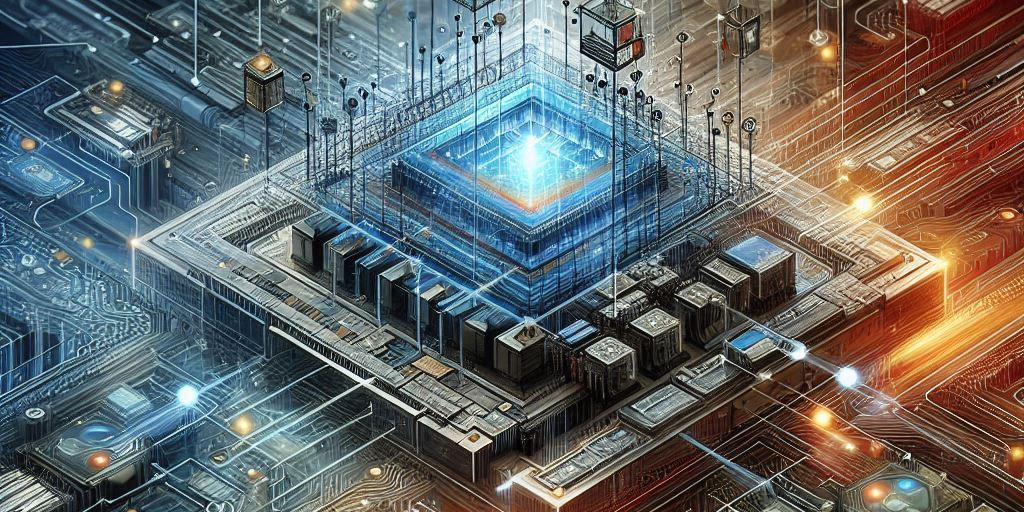 abstract visualization of integrated circuit and system co-design with layered blue and grey square circuits
