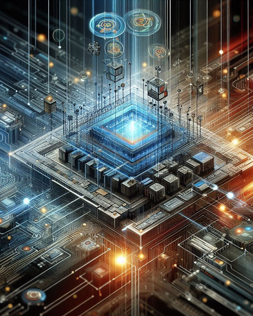 abstract visualization of integrated circuit and system co-design with layered blue and grey square circuits