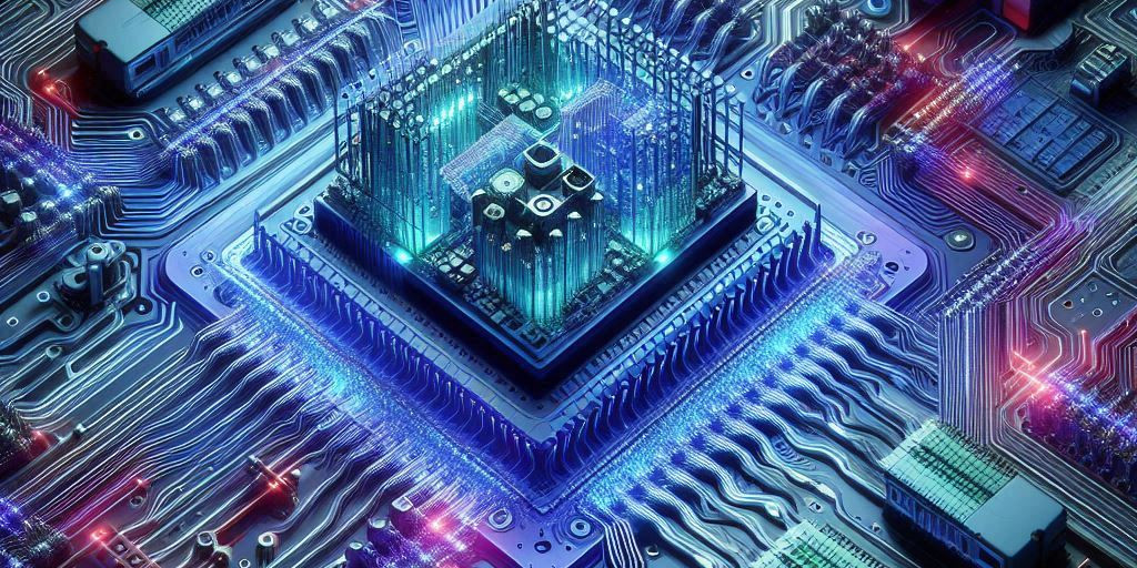 abstract computer chips board in shades of purple, blue, and green