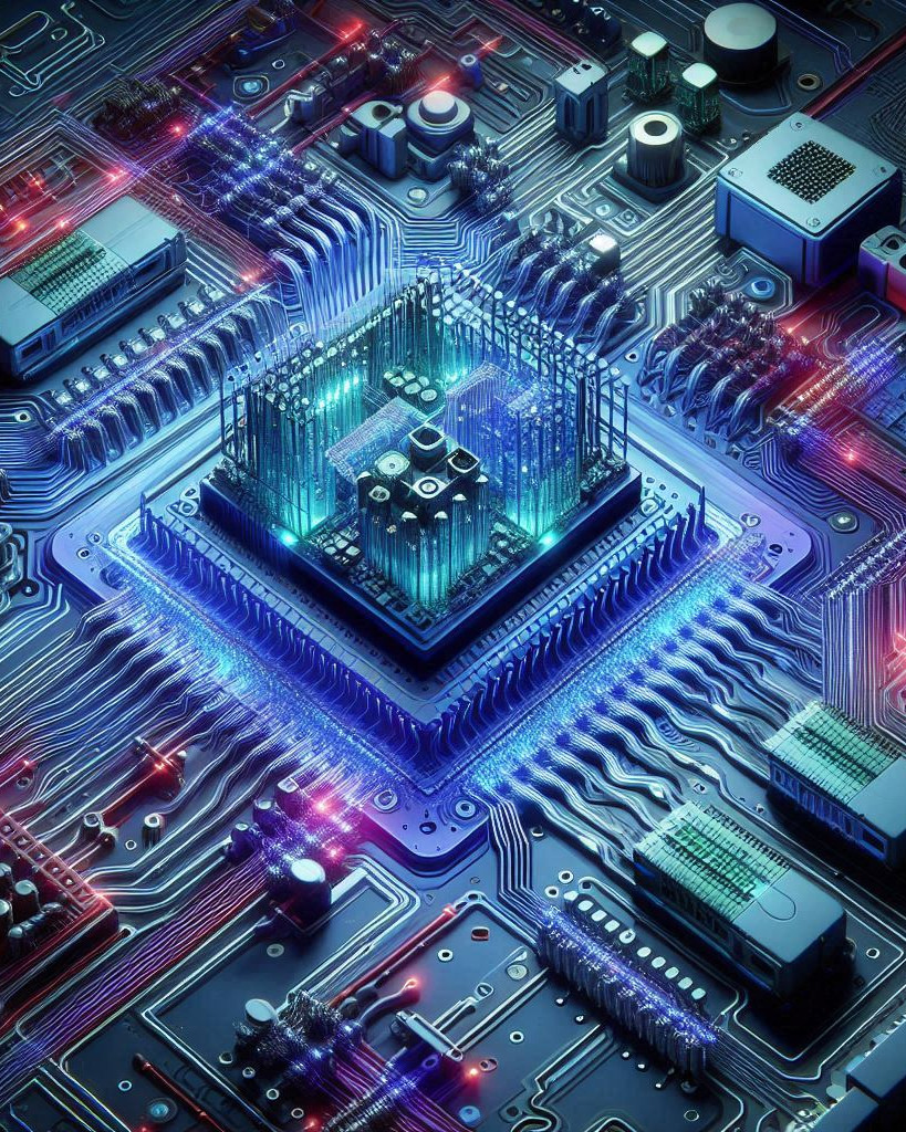 abstract computer chips board in shades of purple, blue, and green