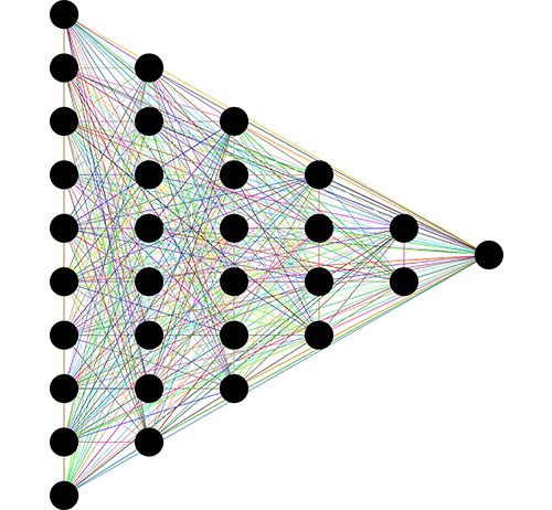 visual representation of a neural network with round black nodes and numerous multi color lines connecting the nodes