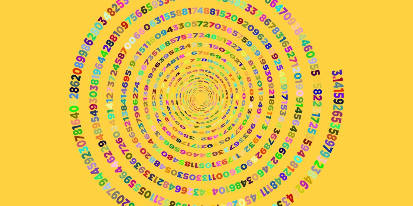 spiral pattern of Pi 3.14 numbers in multi colors on a yellow background