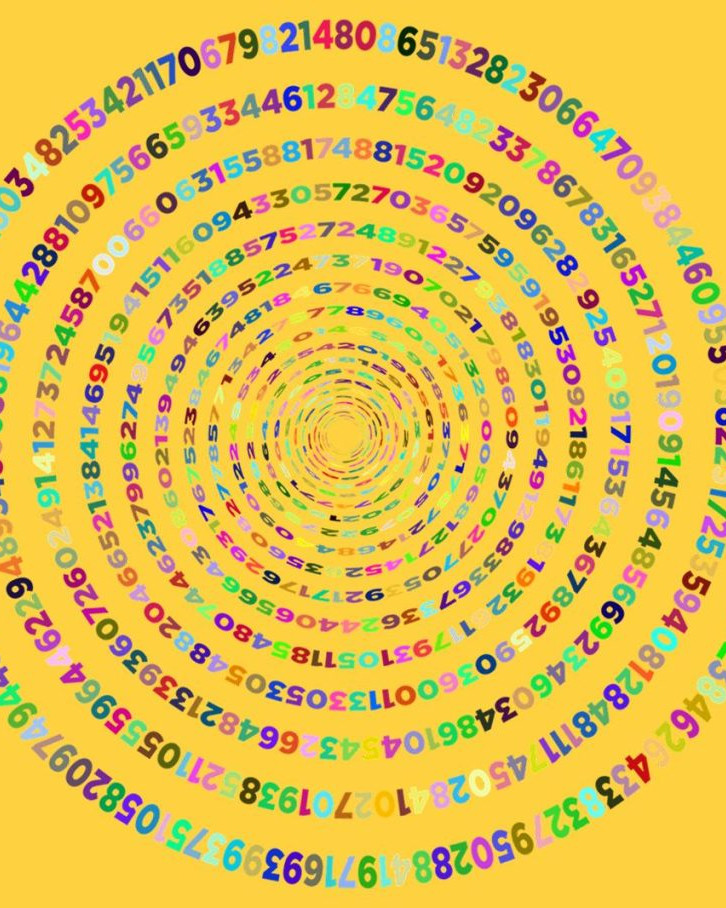spiral pattern of Pi 3.14 numbers in multi colors on a yellow background