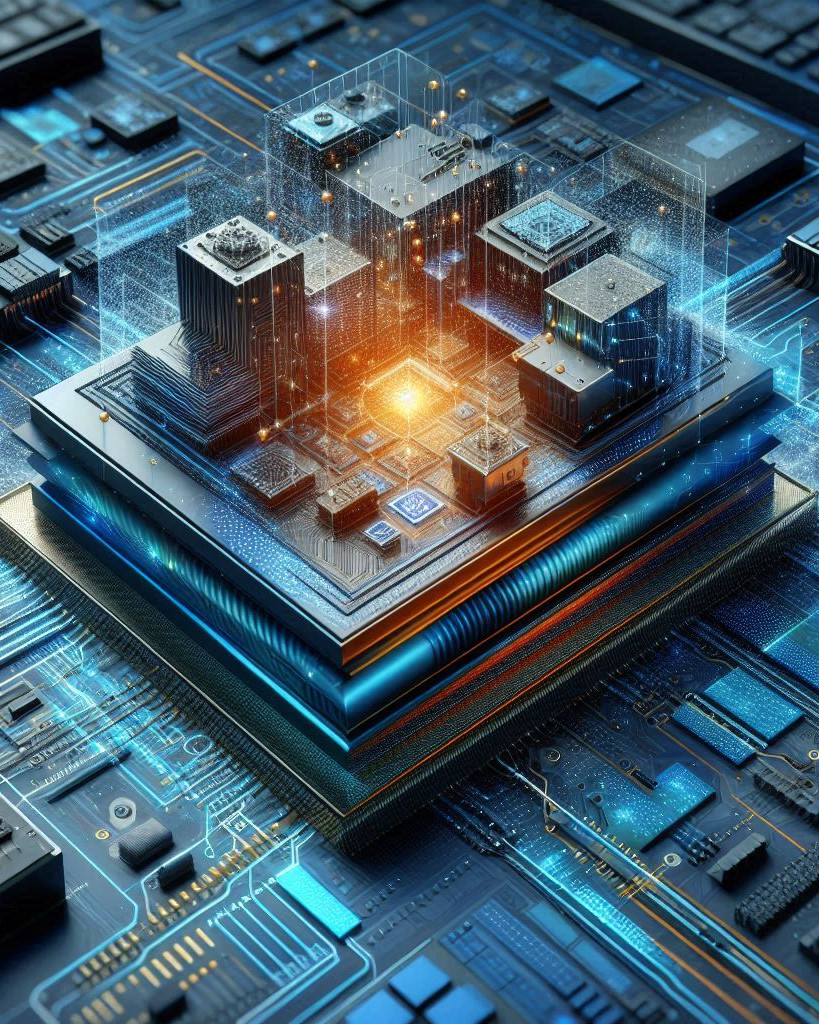 abstract layers computer chip in shades of blue and grey with glowing yellow center