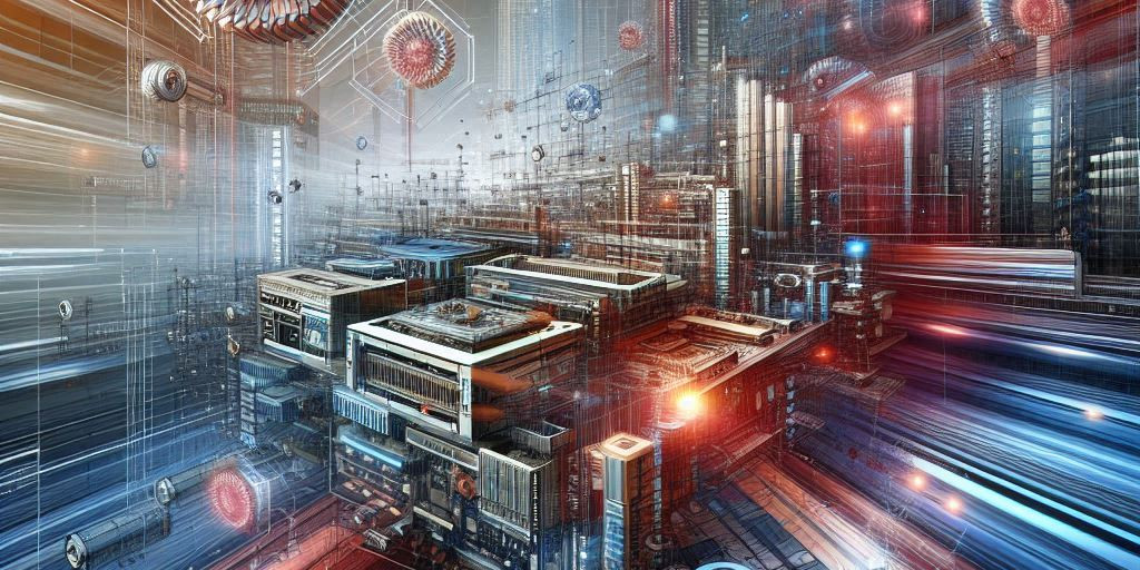 abstract visualization of Hardware Accelerators and Compilers with boxes, cylinders, and lines in shades of blue, grey, and red