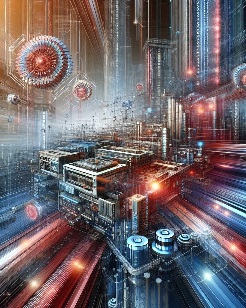 abstract visualization of Hardware Accelerators and Compilers with boxes, cylinders, and lines in shades of blue, grey, and red