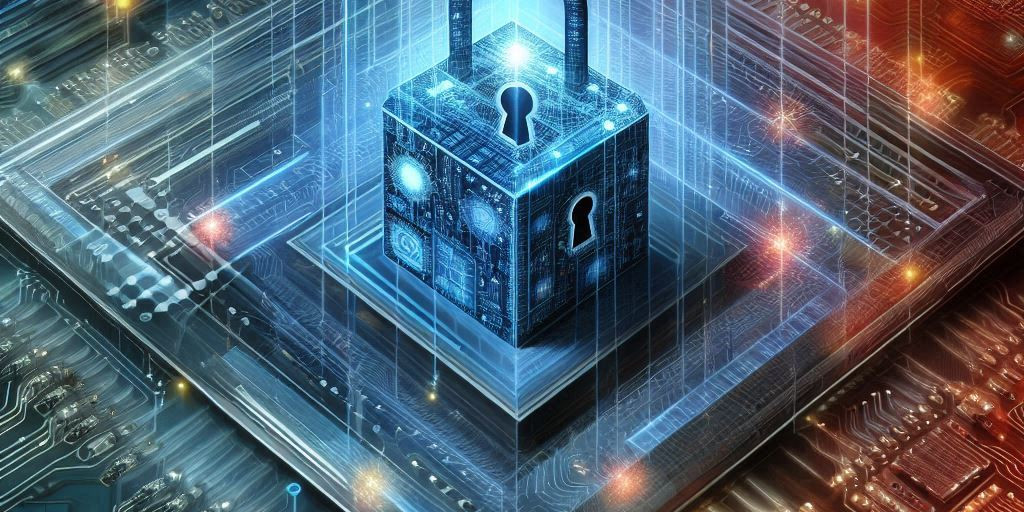 abstract visualization of Secure Machine Learning Architecture and Circuits with a blue cube lock in a computer chip