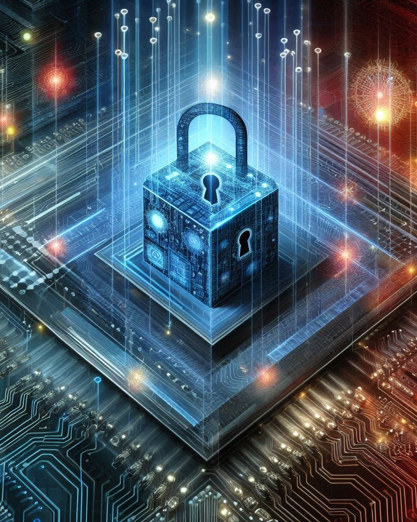 abstract visualization of Secure Machine Learning Architecture and Circuits with a blue cube lock in a computer chip