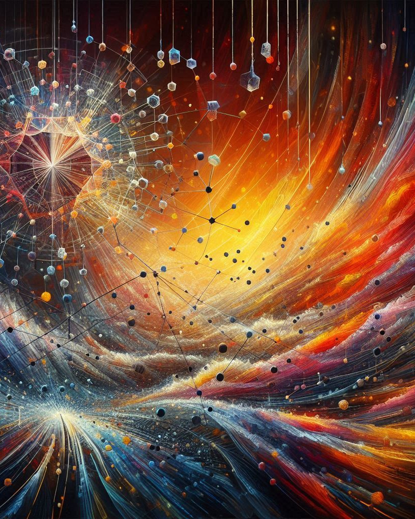 abstract visualization of painting atomically thin crystal graphene energy structures showing crystal structures on waves of multicolor brushstroke like lines