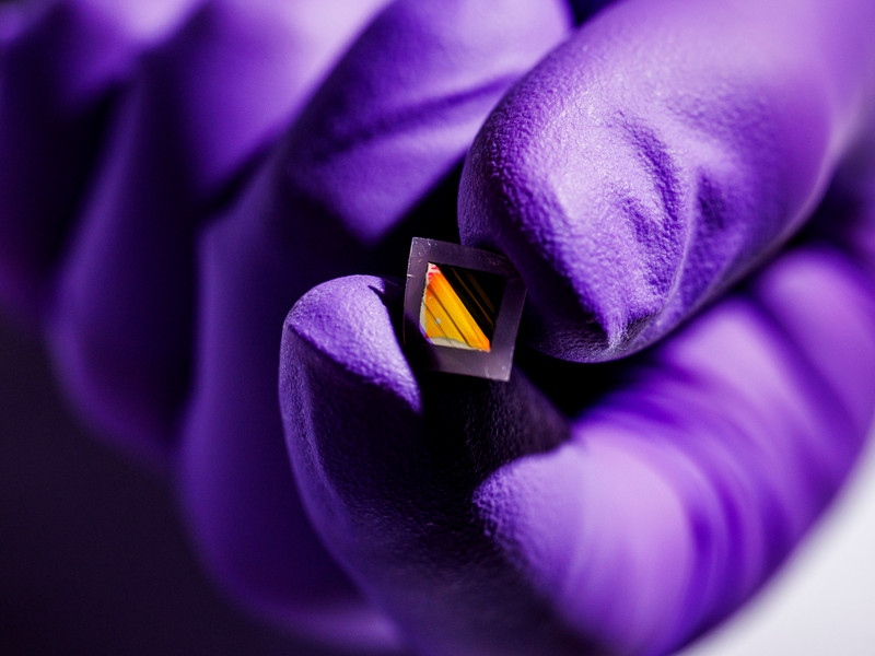hand with purple medical gloves holding small diamond shape thin film material